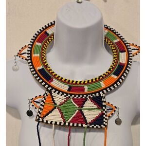 Maasai African Wedding Collar Necklace Vintage Glass Beads w/Shell and Metal 30"
